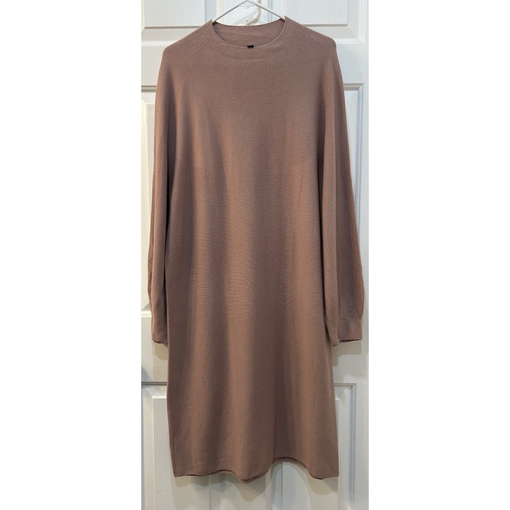 Uniqlo 3D Knit Cotton Balloon Sleeve Dress Sz L Mauve Casual Stretch Midi City